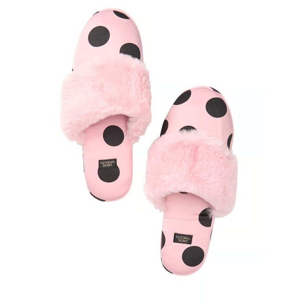 Victoria's Secret Signature Fuzzy Satin Black & Pink Polka Dot Slippers‎ Size M